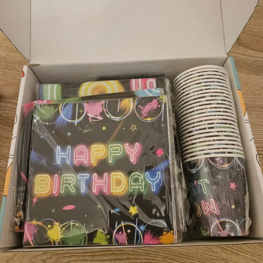 NEW Birthday Wishes Party Box 24 Large & Small Plates Cups Cutlery 2 Table Cover